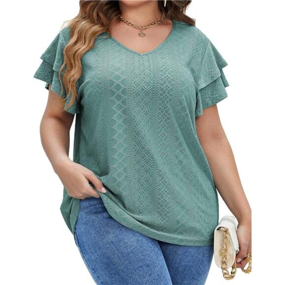 Womens Plus Size T Shirt V Neck Loose Fit Ruffle Sleeve Summer Hollow Casual Top - Picture 1 of 7